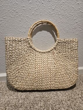 GAP Straw Woven Bag with Bamboo Handles - Natural